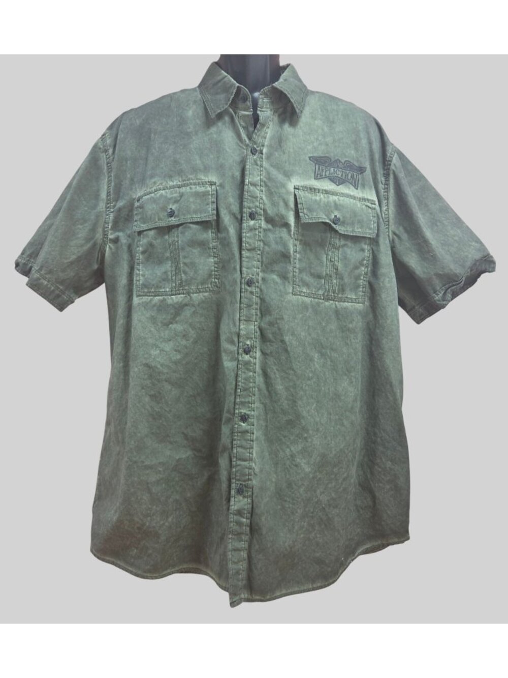 Affliction Mens 2XL Olive Green Short Sleeve Button-Up Shirt With Graphic Back D